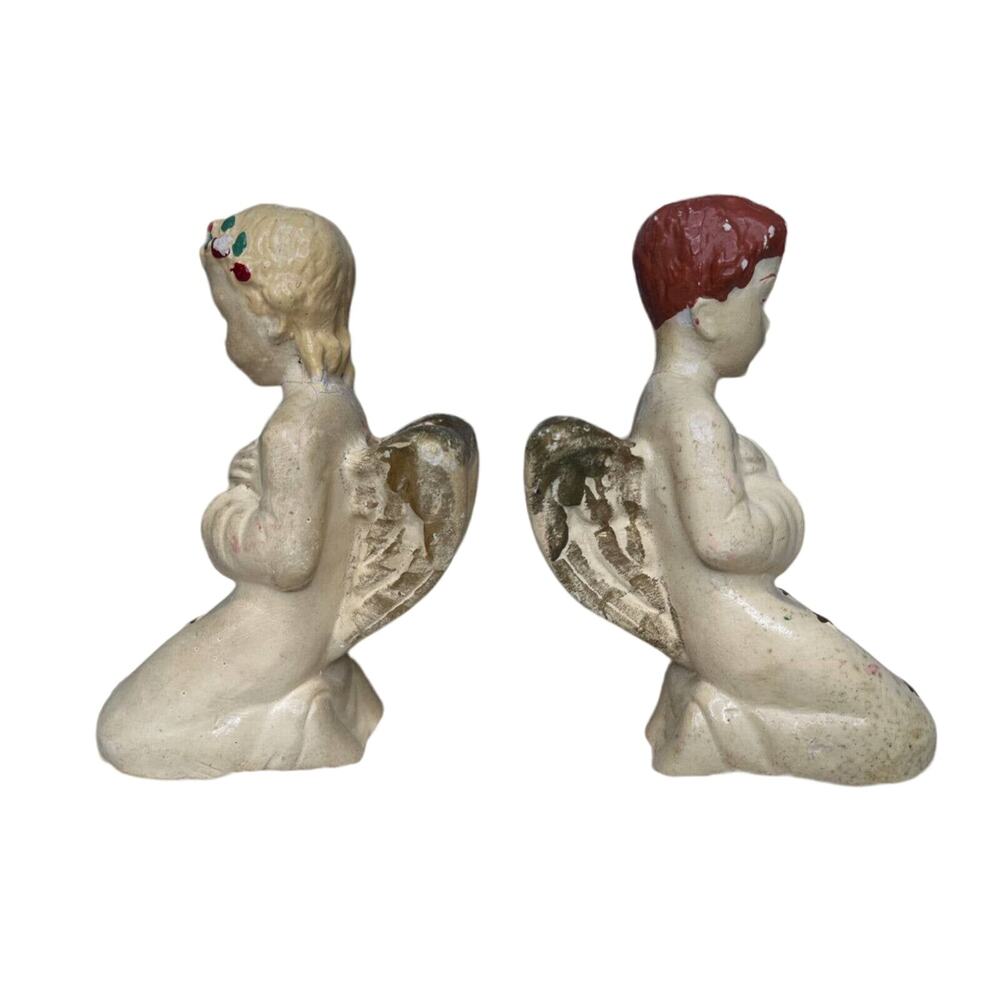 Vintage 60s Pair Chalkware Angel Candlesticks Candle Holders Christmas Cottage